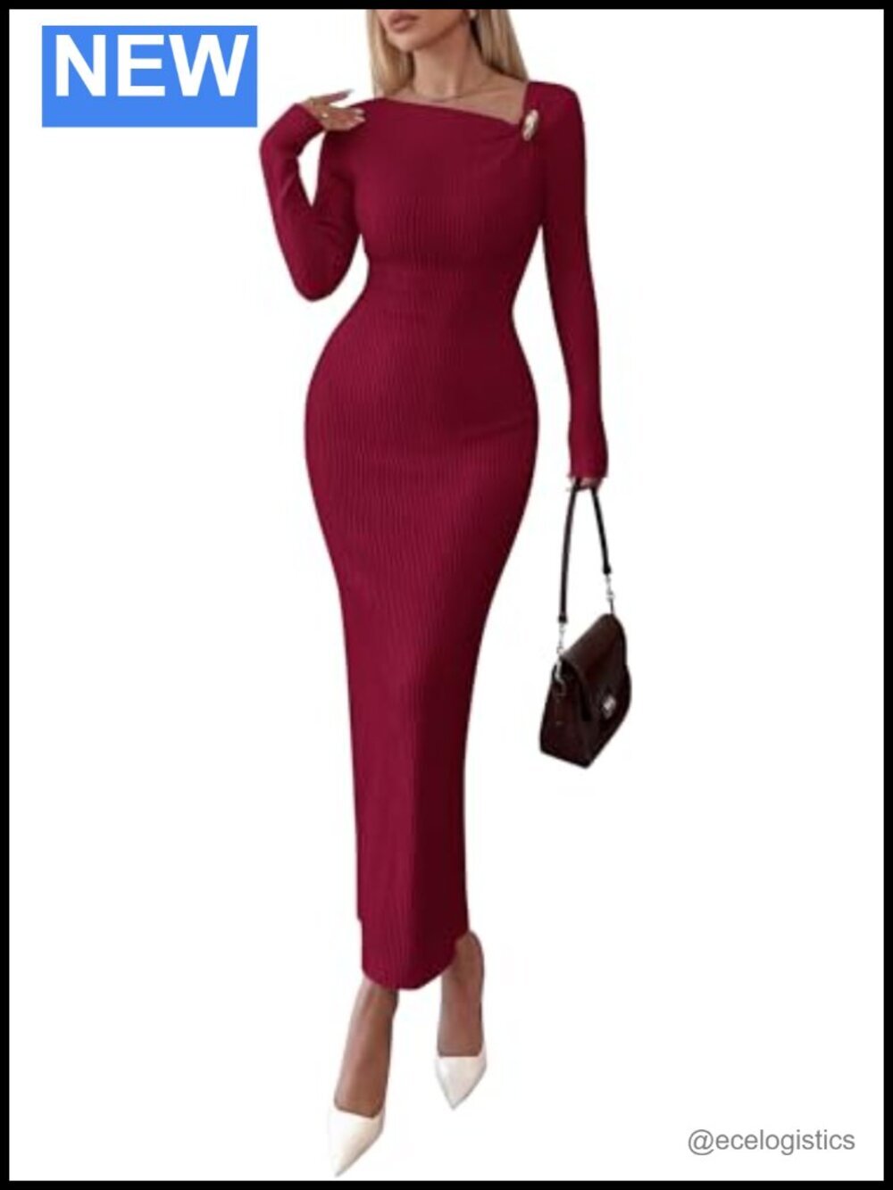Long Sleeve Ribbed Knit Bodycon Maxi Dress Asymmetrical Neck
